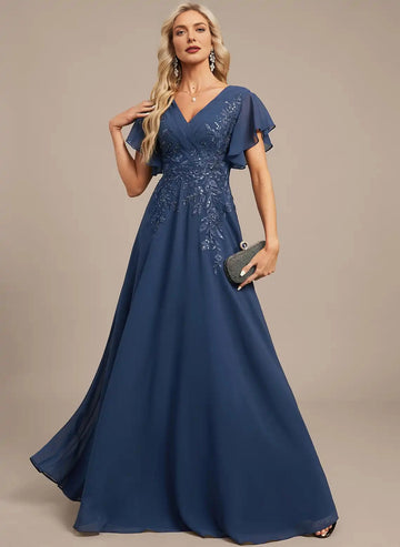 Vedress Navy Blue V‑Neck Lace Flutter Sleeve Mother Dress Front View