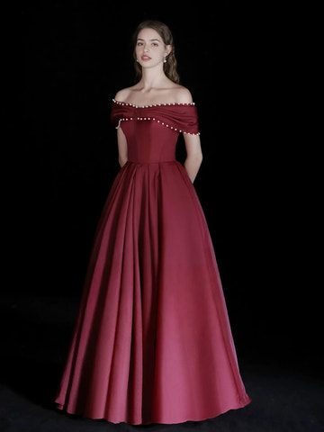 Classic A-line Ballgown OffShoulder Satin Maxi Beaded Evening Dress with Beads