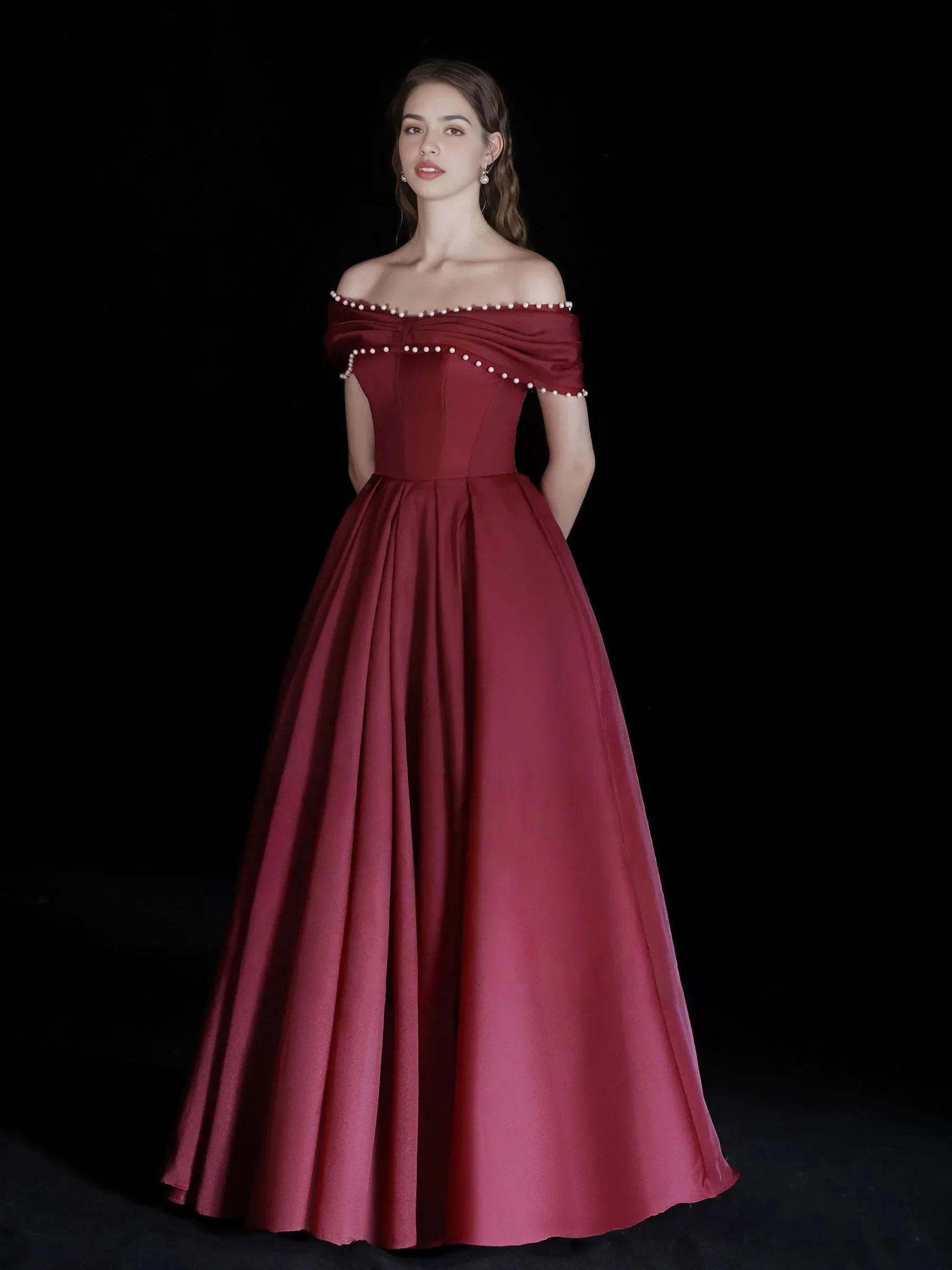 Classic A-line Ballgown OffShoulder Satin Maxi Beaded Evening Dress with Beads