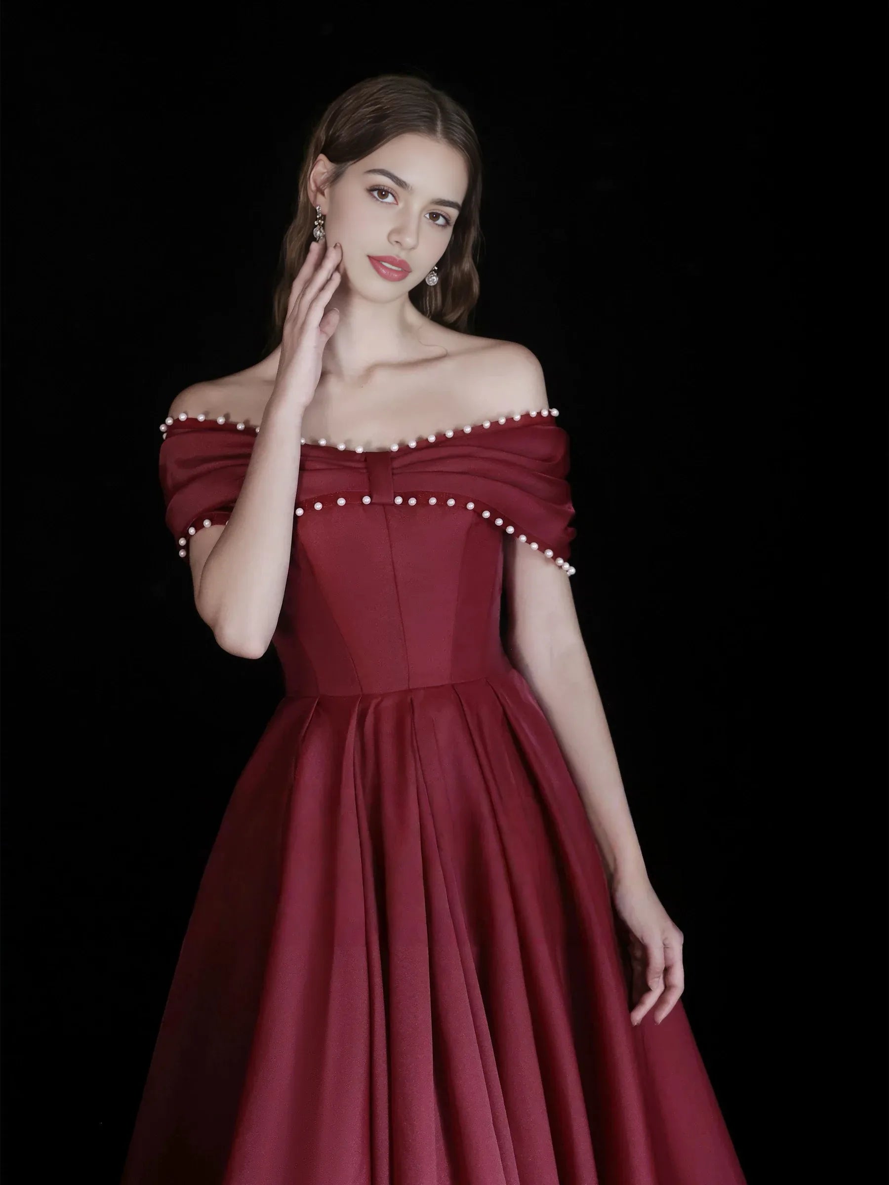 Classic A-line Ballgown OffShoulder Satin Maxi Beaded Evening Dress with Beads