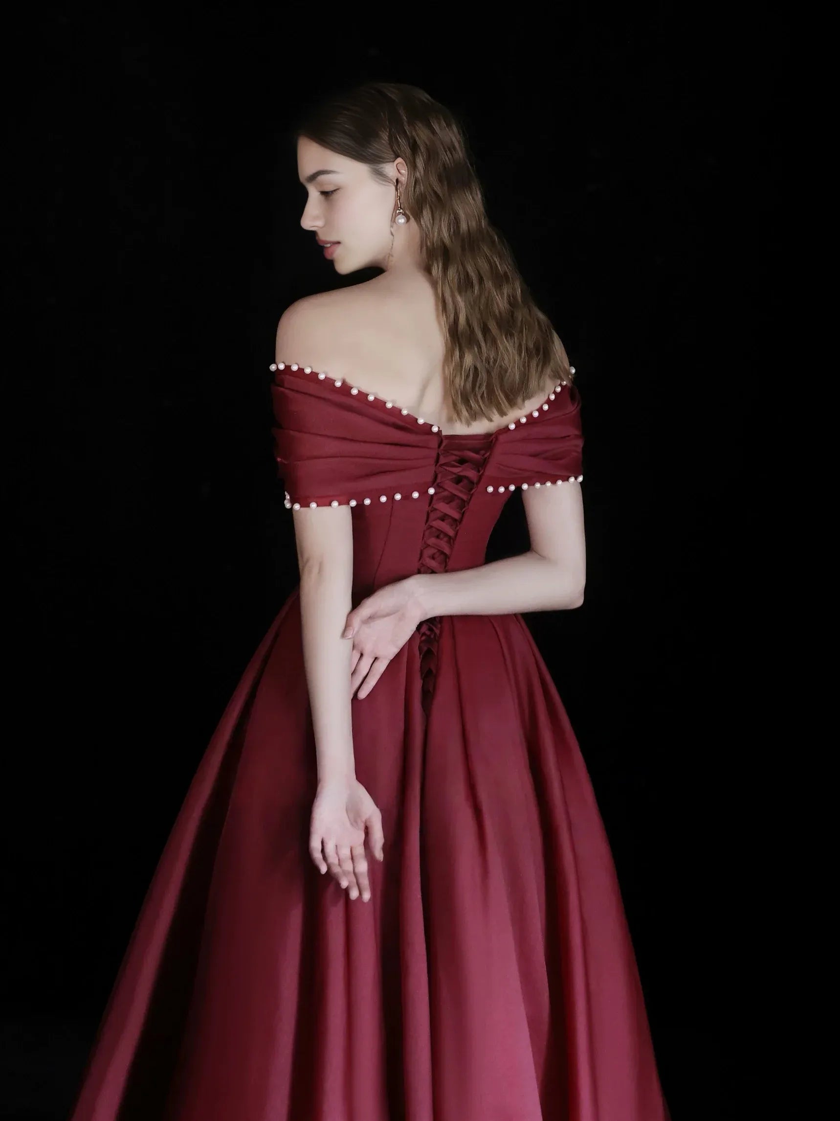 Classic A-line Ballgown OffShoulder Satin Maxi Beaded Evening Dress with Beads