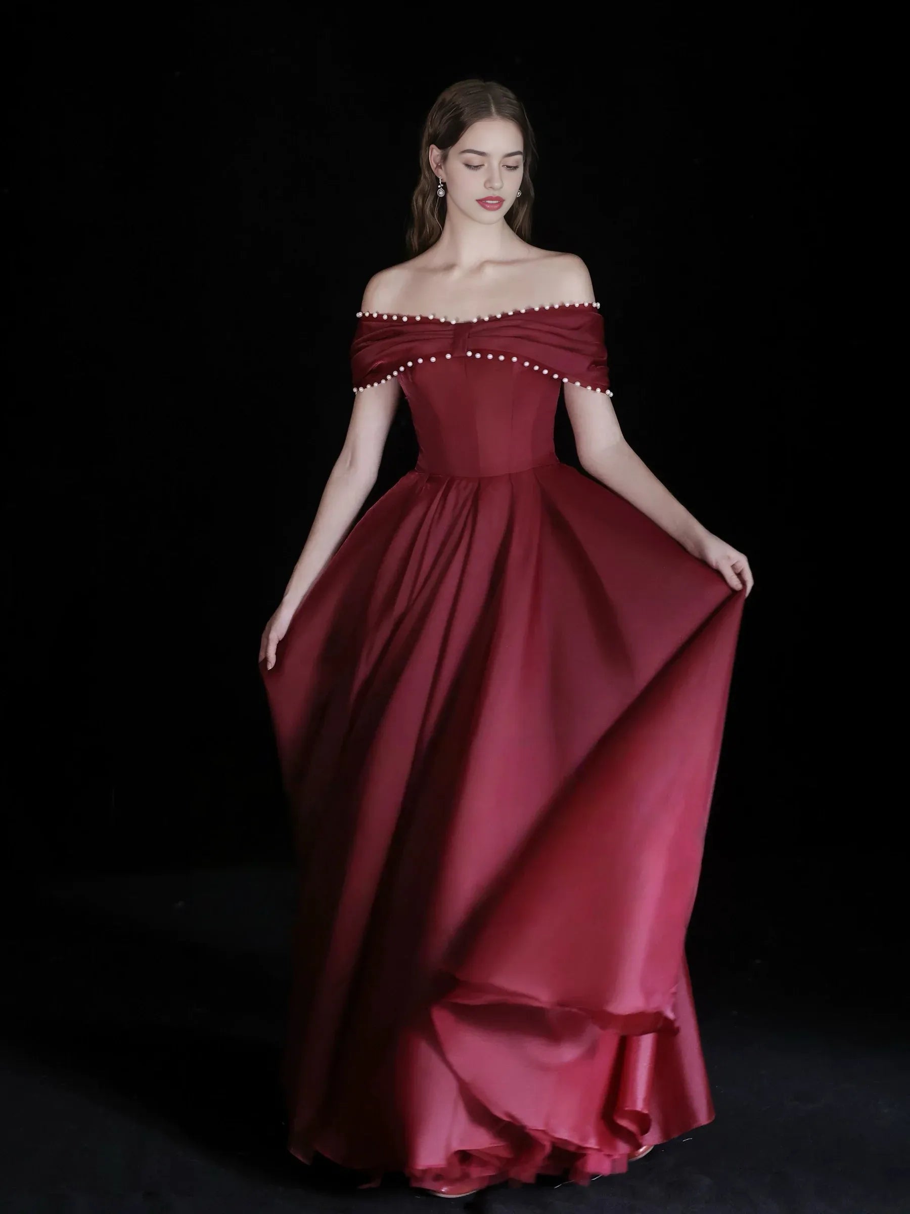 Classic A-line Ballgown OffShoulder Satin Maxi Beaded Evening Dress with Beads