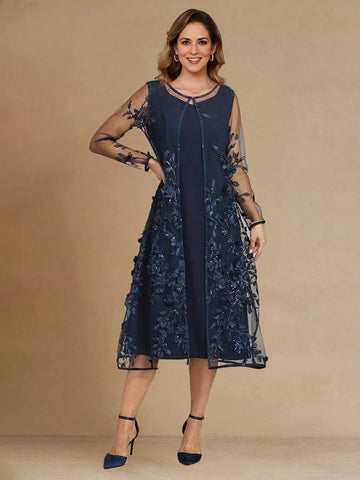 Vedress Navy Two‑Piece Sequin Floral Midi Mother Dress Front View