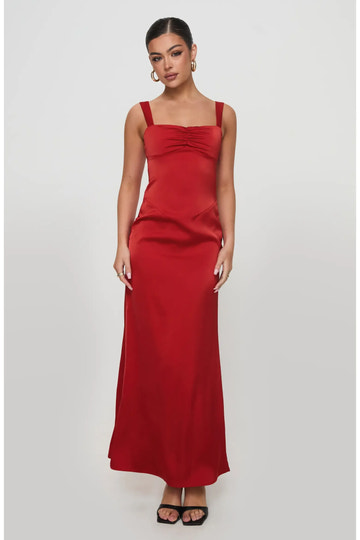 Classic Fitted Square Neck Wide Adjustable Strap Satin Ruched Bust Midi Slip Evening Dress