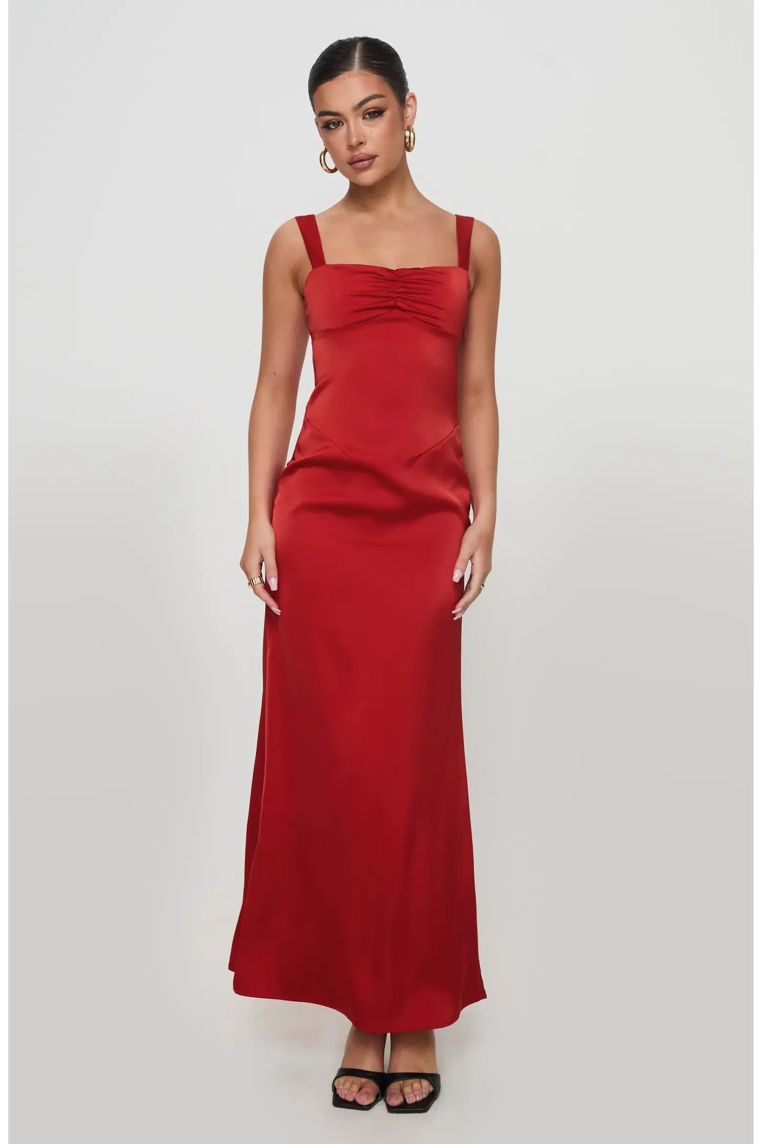Classic Fitted Square Neck Wide Adjustable Strap Satin Ruched Bust Midi Slip Evening Dress