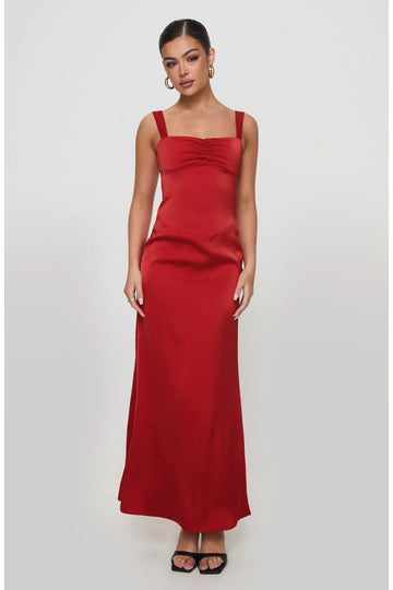 Classic Fitted Square Neck Wide Adjustable Strap Satin Ruched Bust Midi Slip Evening Dress