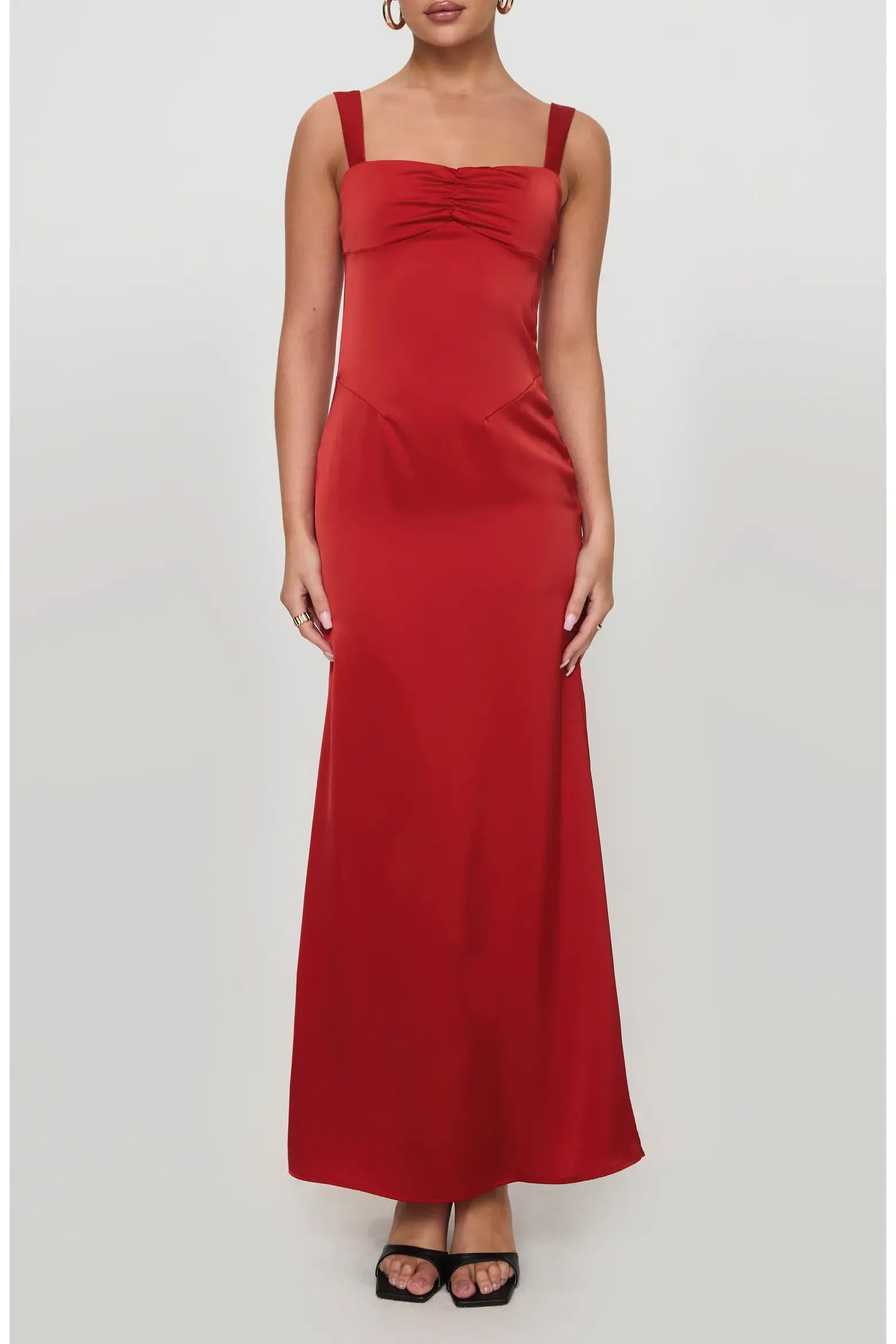 Classic Fitted Square Neck Wide Adjustable Strap Satin Ruched Bust Midi Slip Evening Dress