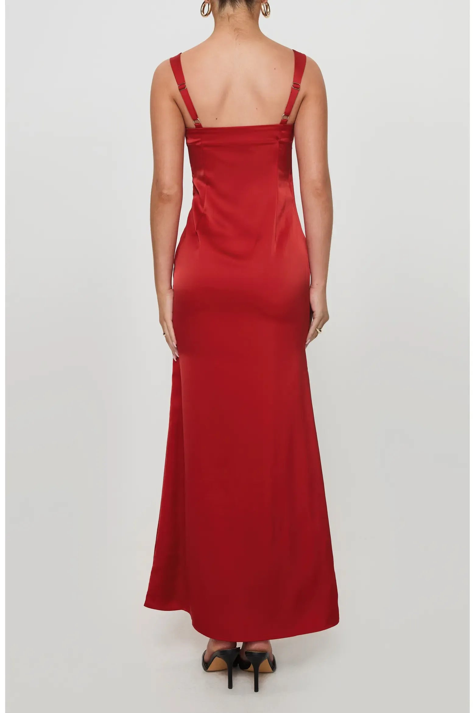 Classic Fitted Square Neck Wide Adjustable Strap Satin Ruched Bust Midi Slip Evening Dress