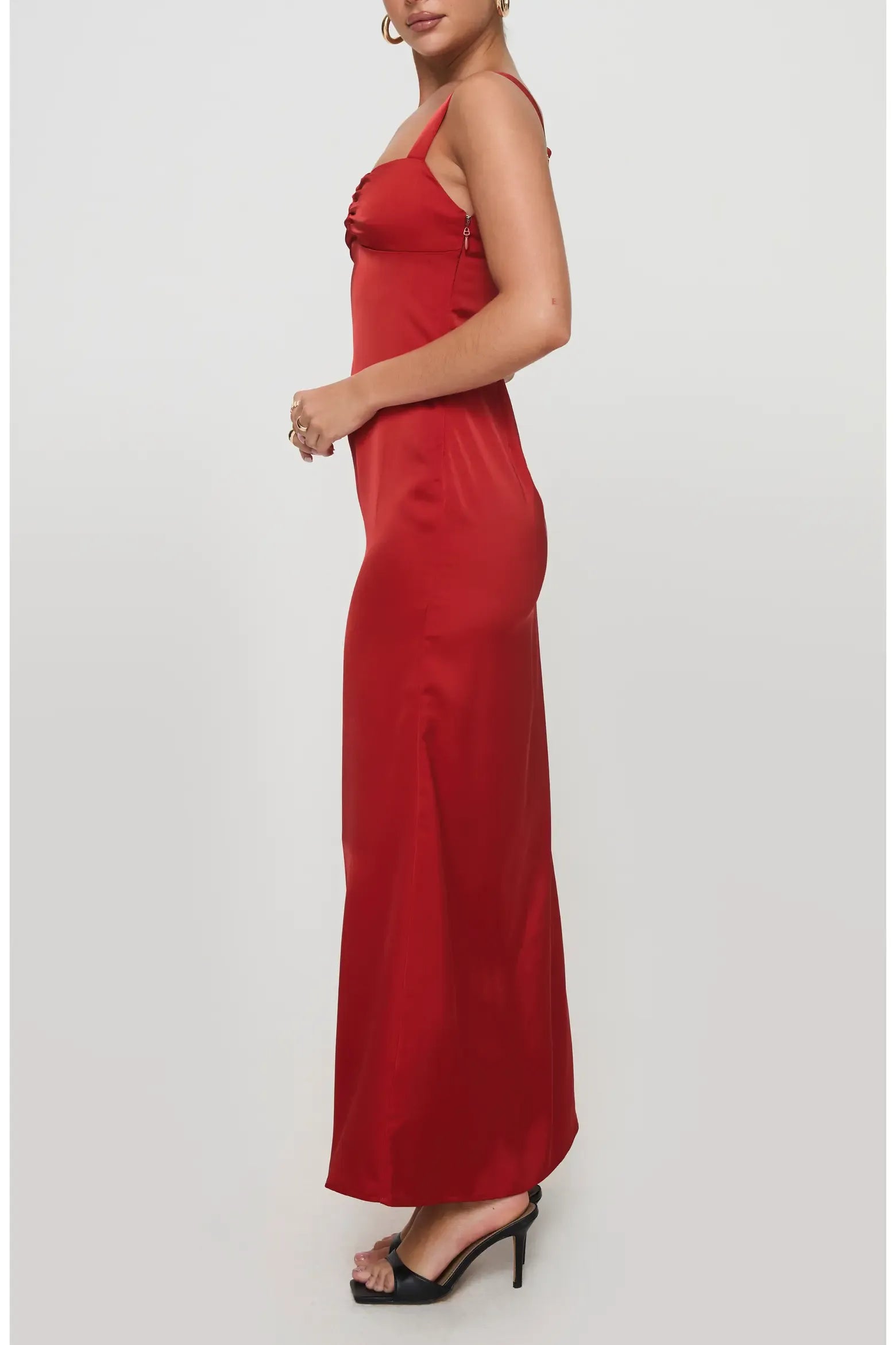Classic Fitted Square Neck Wide Adjustable Strap Satin Ruched Bust Midi Slip Evening Dress