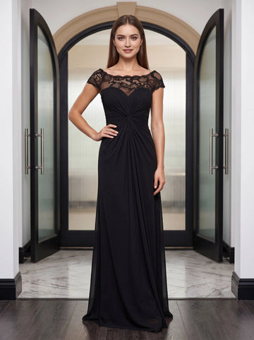 Vedress black chiffon mother of the bride dress off‑the‑shoulder lace cap sleeves twist front long gown