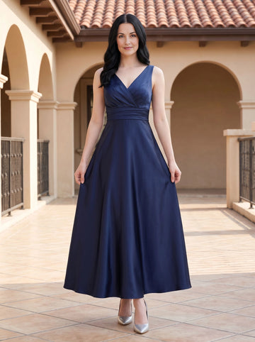 Vedress navy satin a‑line v neck sleeveless long bridesmaid dress