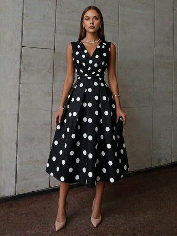 vedress black white polka dot midi wedding guest dress v neck sleeveless a line gown