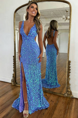 Sparkly Mermaid V Neck Gold Sequins Long Prom Dress Open Back Sweep/Brush Evening Dresses With Slit