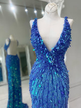 Sparkly Mermaid V Neck Gold Sequins Long Prom Dress Open Back Sweep/Brush Evening Dresses With Slit