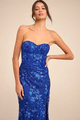 Glamorous Mermaid Maxi Dress Strapless Open Back Sequin Tulle Floor-Length Prom Dress