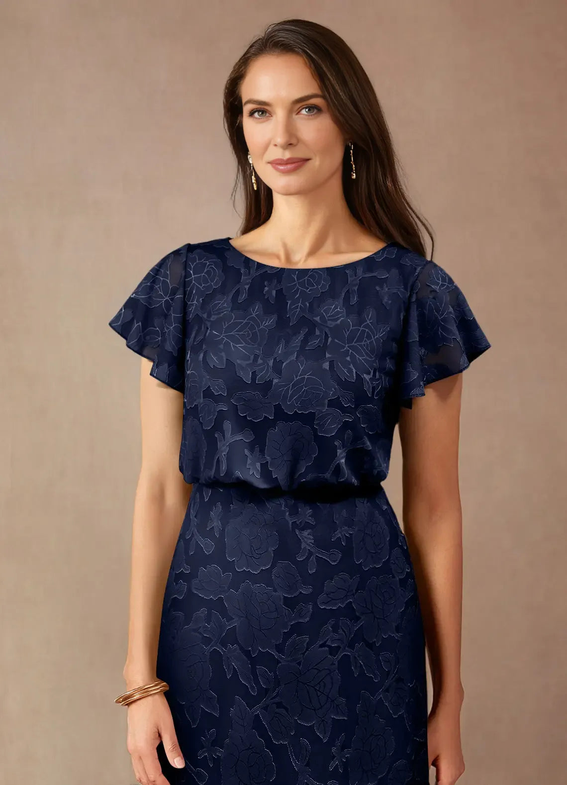 A-Line Boat Neck Chiffon Mother of the Bride Dress Flutter Sleeve Maxi Dress