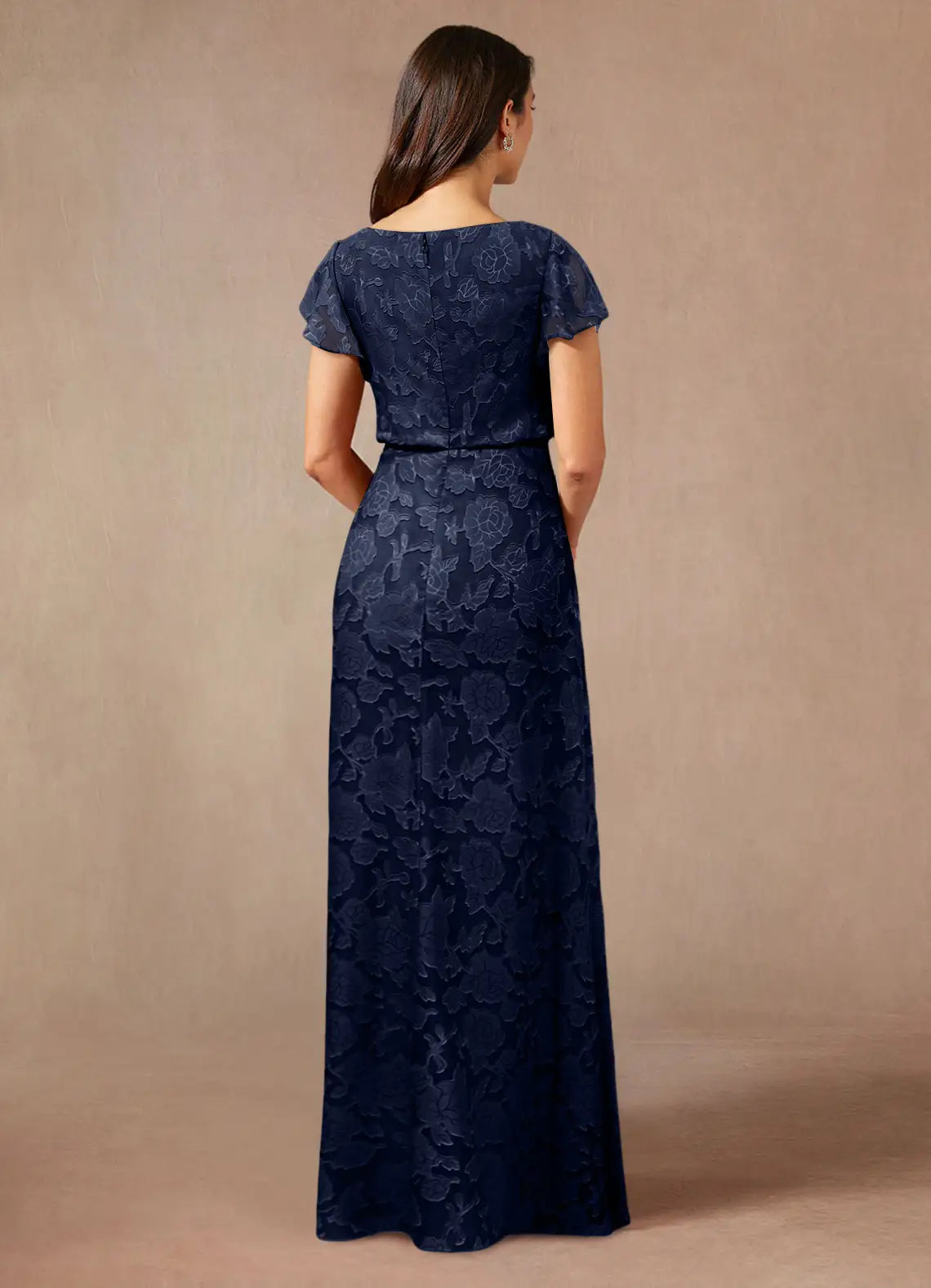 A-Line Boat Neck Chiffon Mother of the Bride Dress Flutter Sleeve Maxi Dress