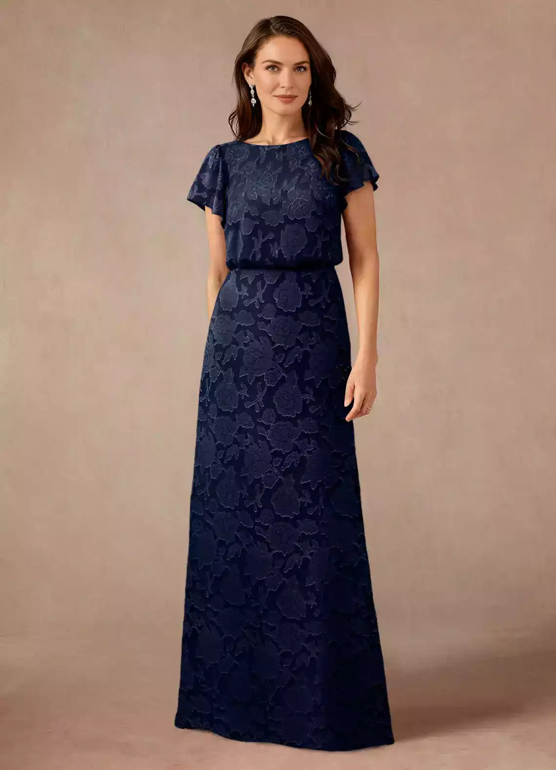 A-Line Boat Neck Chiffon Mother of the Bride Dress Flutter Sleeve Maxi Dress