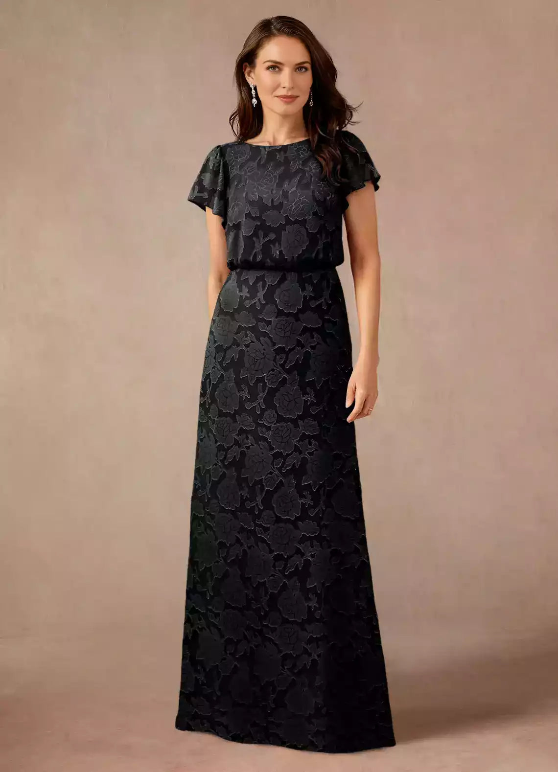 A-Line Boat Neck Chiffon Mother of the Bride Dress Flutter Sleeve Maxi Dress