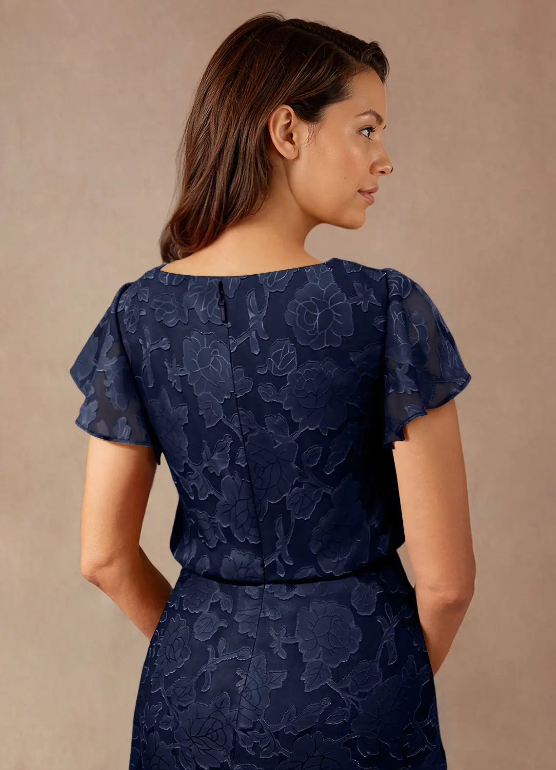 A-Line Boat Neck Chiffon Mother of the Bride Dress Flutter Sleeve Maxi Dress