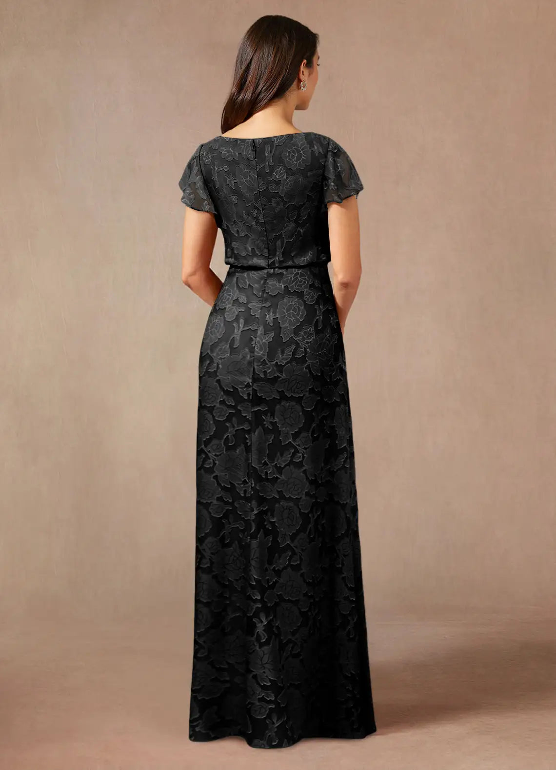 A-Line Boat Neck Chiffon Mother of the Bride Dress Flutter Sleeve Maxi Dress