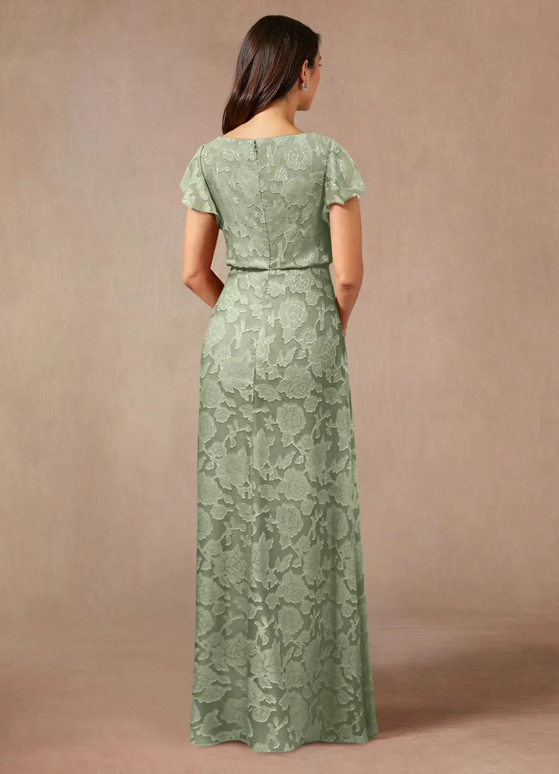 A-Line Boat Neck Chiffon Mother of the Bride Dress Flutter Sleeve Maxi Dress