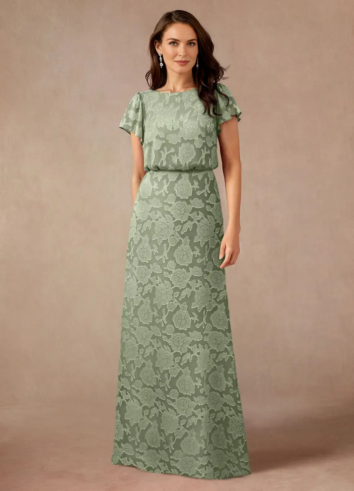 A-Line Boat Neck Chiffon Mother of the Bride Dress Flutter Sleeve Maxi Dress