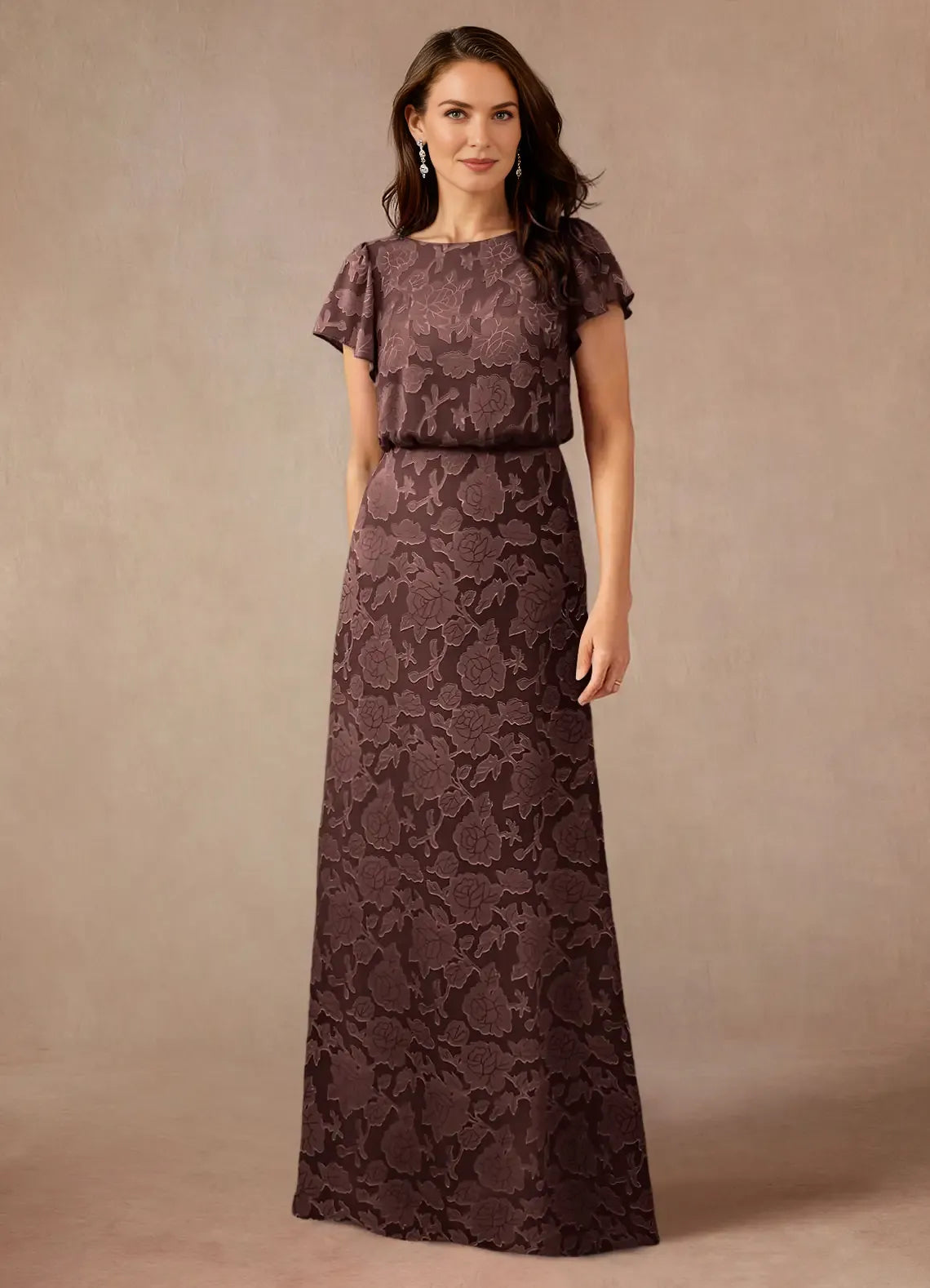 A-Line Boat Neck Chiffon Mother of the Bride Dress Flutter Sleeve Maxi Dress