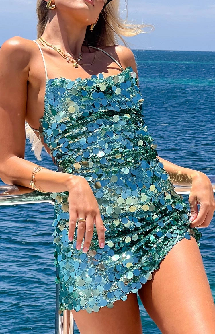 Vedress green large sequin a-line mini homecoming dress straight neck front view