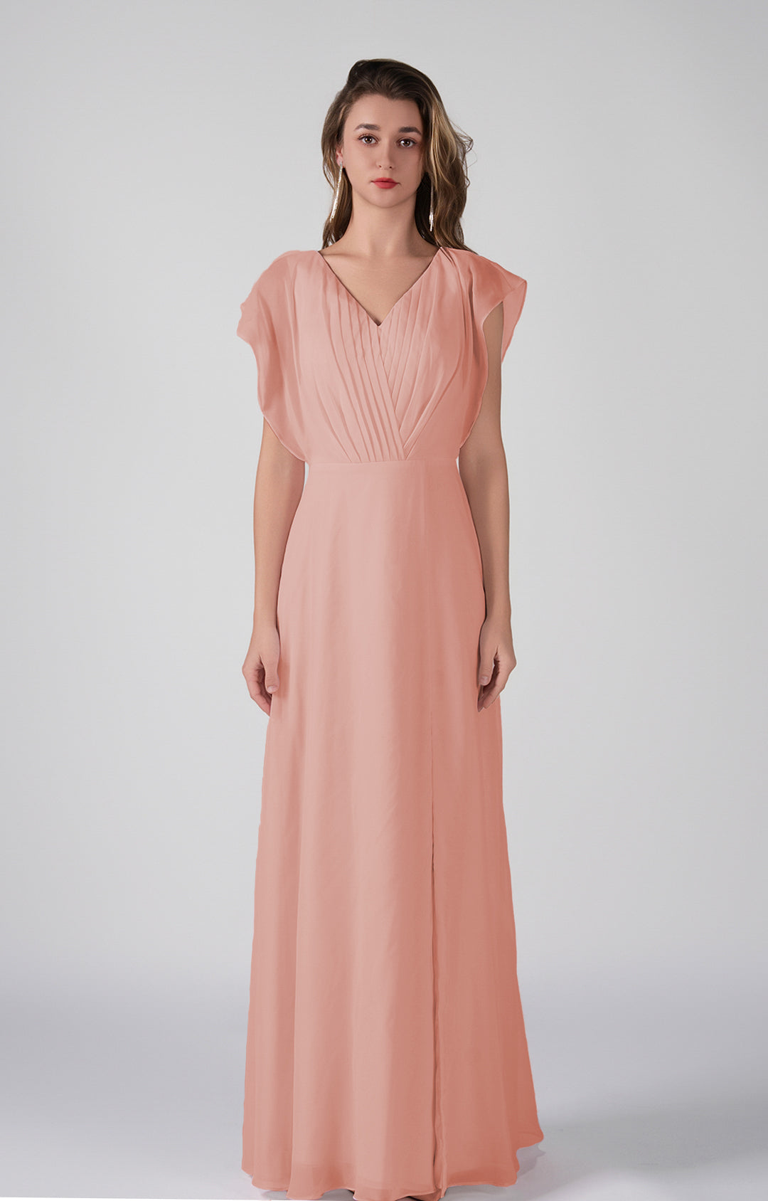 Elegant Chiffon Bridesmaid Dress Open Back Flutter Sleeves Pleats A-Line Maxi Dress with Side Slit