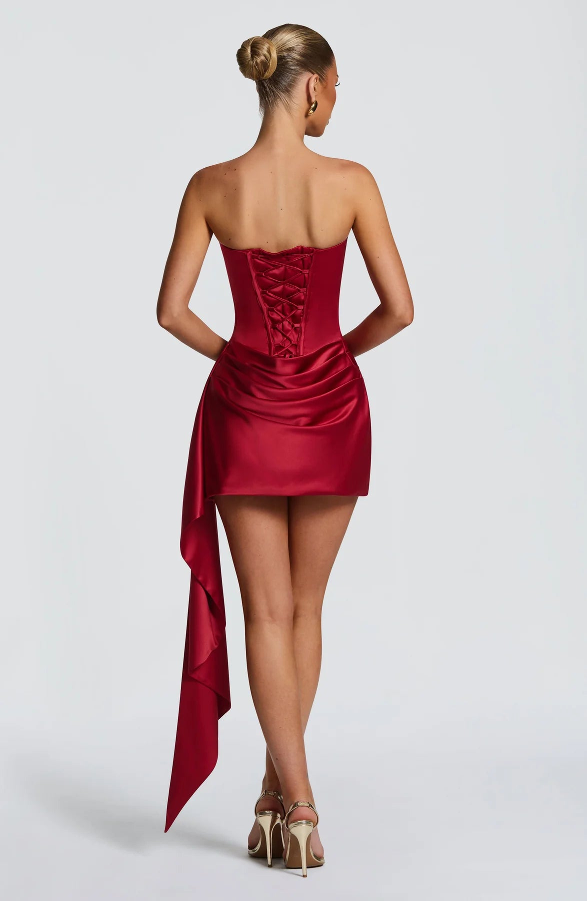 Corset Strapless Sleeveless Satin Mini Draped Lace Up Homecoming Dress