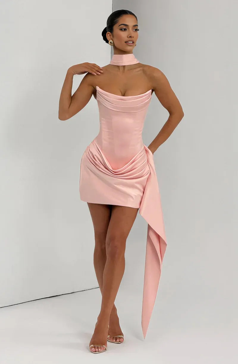 Corset Strapless Sleeveless Satin Mini Draped Lace Up Homecoming Dress