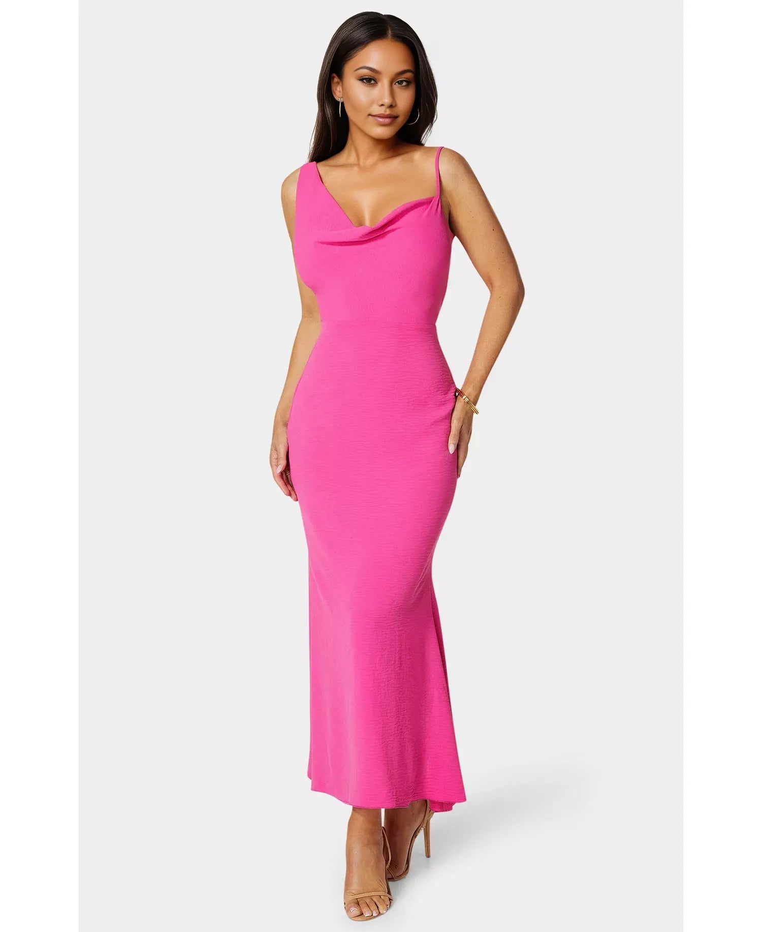 Cowl Neck Asymmetric Strap Cocktail Dress Midi Wedding Guest Dress