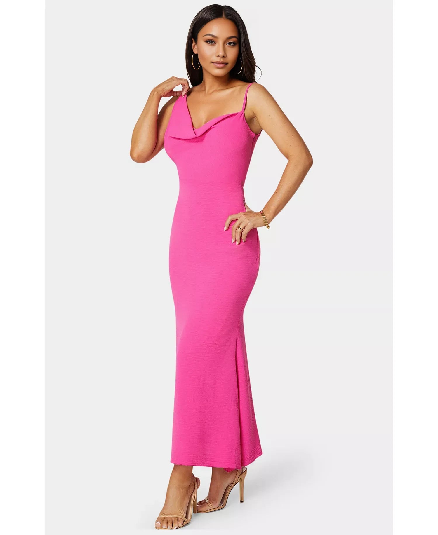 Cowl Neck Asymmetric Strap Cocktail Dress Midi Wedding Guest Dress