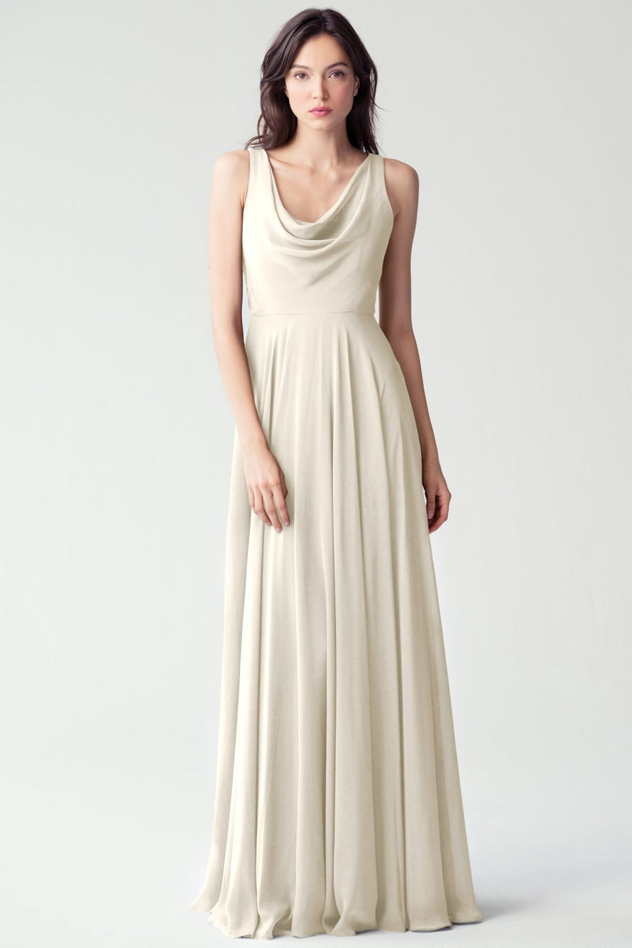 Women's Formal Evening Dress with Low Back and A-Line Silhouette Chiffon Cowl Neck Bridesmaid Dresses