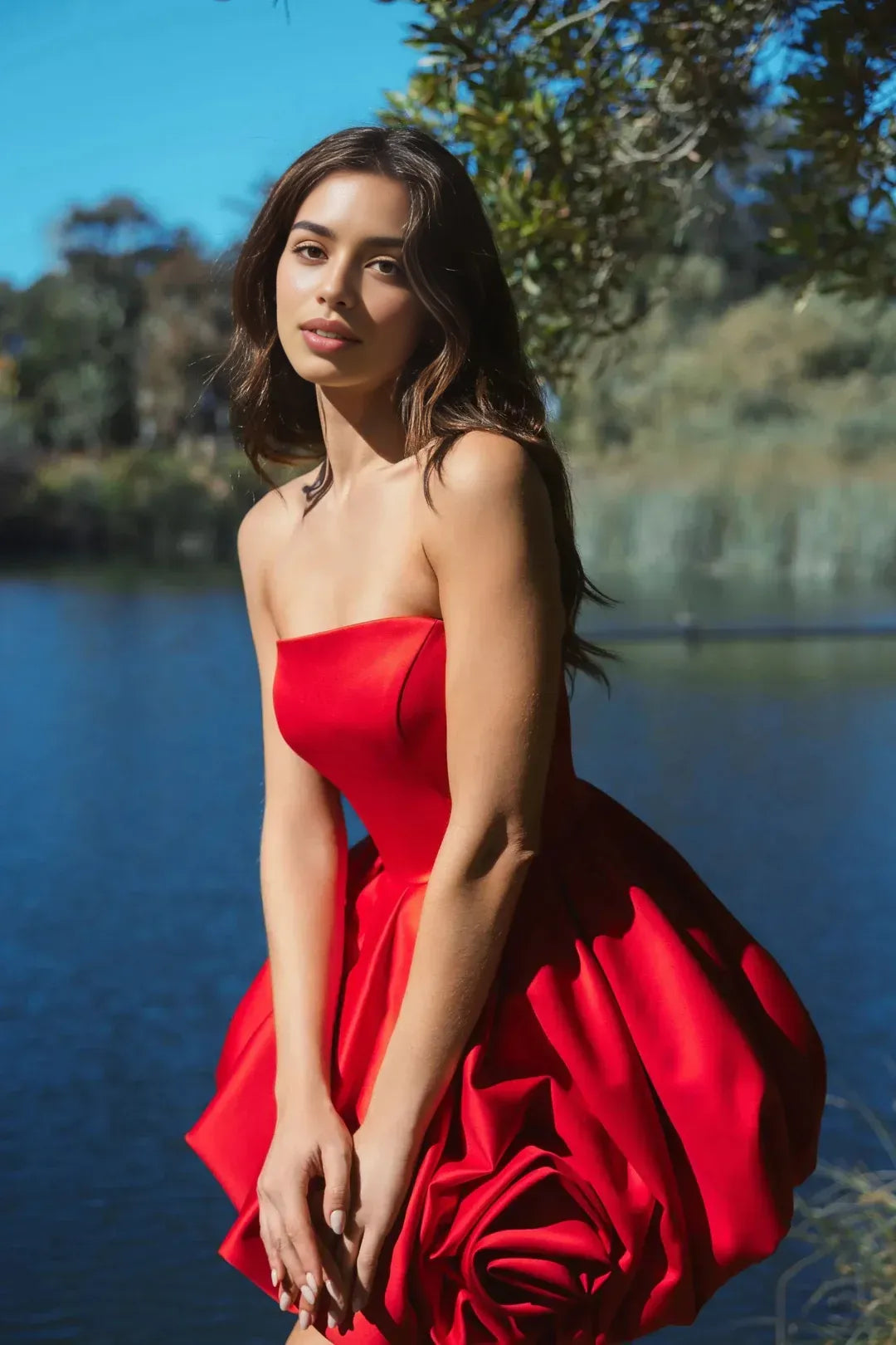 Cute A-line BubbleHem Strapless Sleeveless Satin Mini RoseAccent Cocktail Dress
