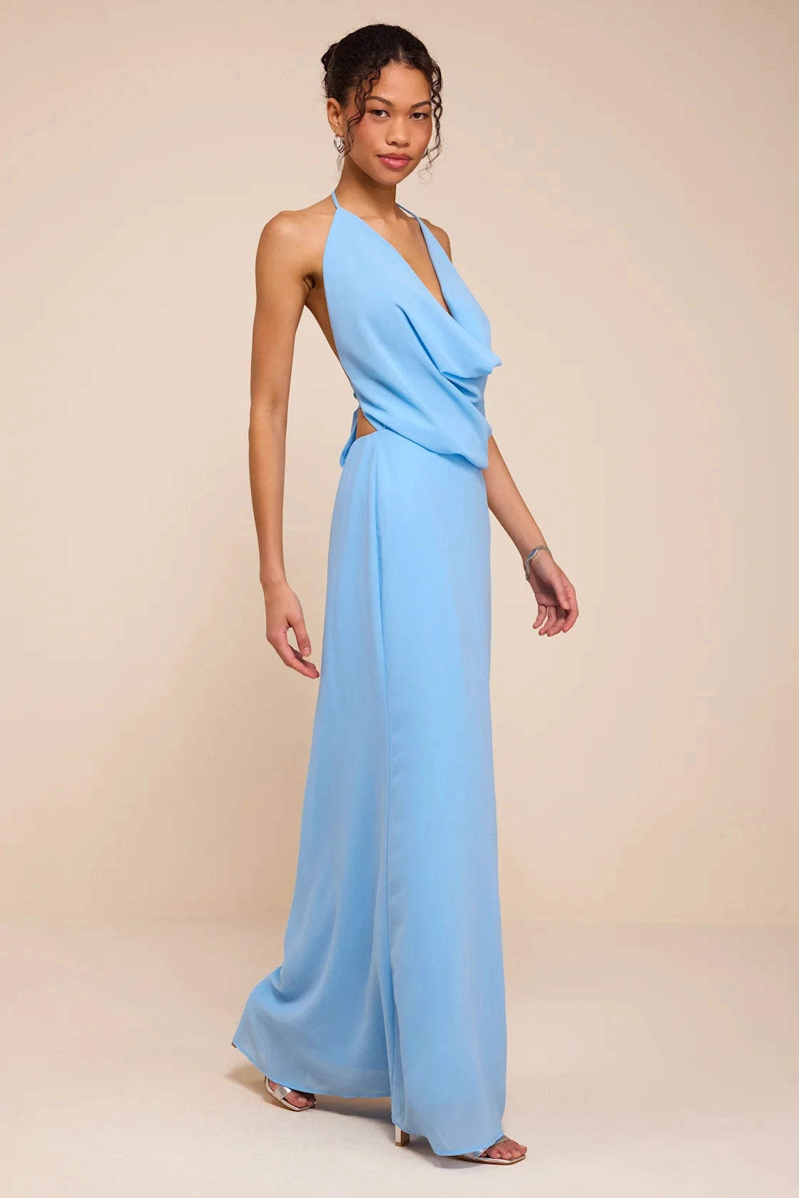 Olive Green Column Halter Cowl Tie Back Maxi Bridesmaid Gown Vedress