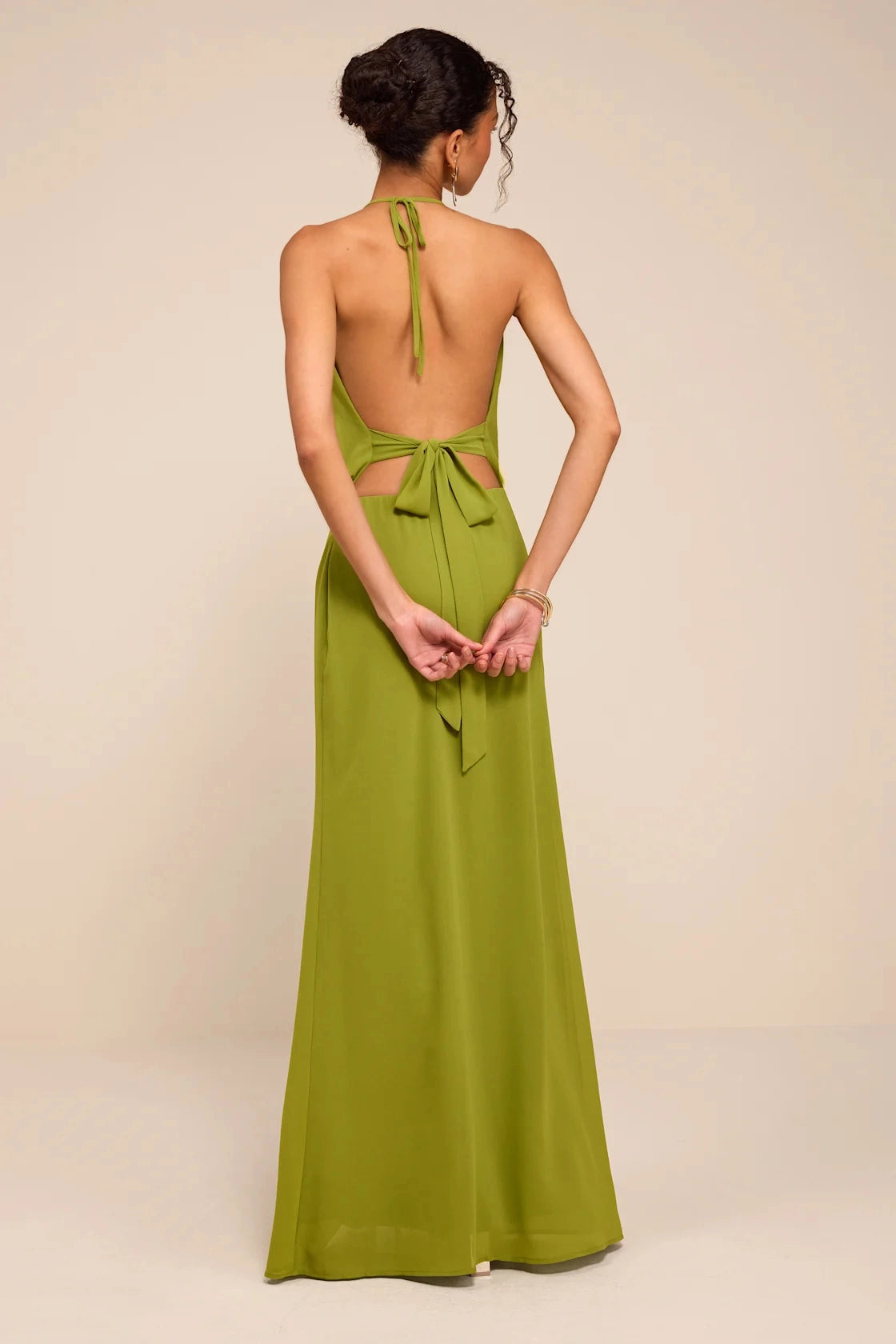 Olive Green Column Halter Cowl Tie Back Maxi Bridesmaid Gown Vedress