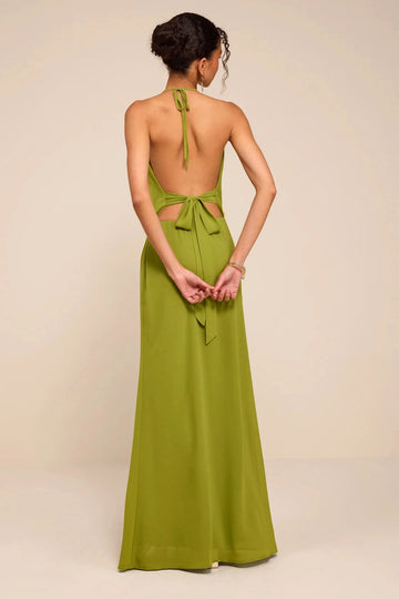 Olive Green Column Halter Cowl Tie Back Maxi Bridesmaid Gown Vedress