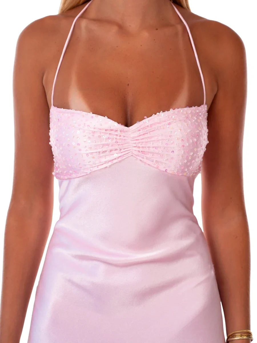 Striking A-Line Sweetheart Halter Open-Back Satin Mini Homecoming Dress