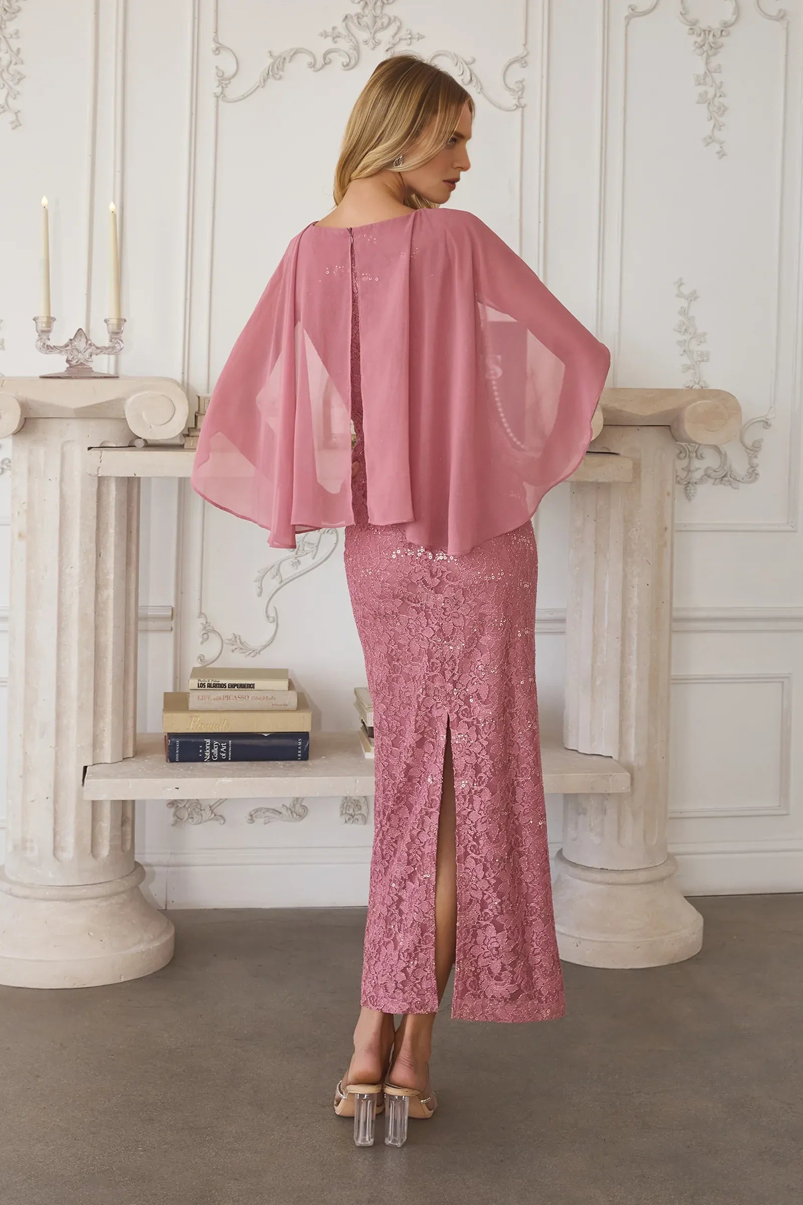 Elegant Fitted Boat Neck Cape Sleeve Sequined Lace Rhinestone Cocktail Dress Midi Evening Dress