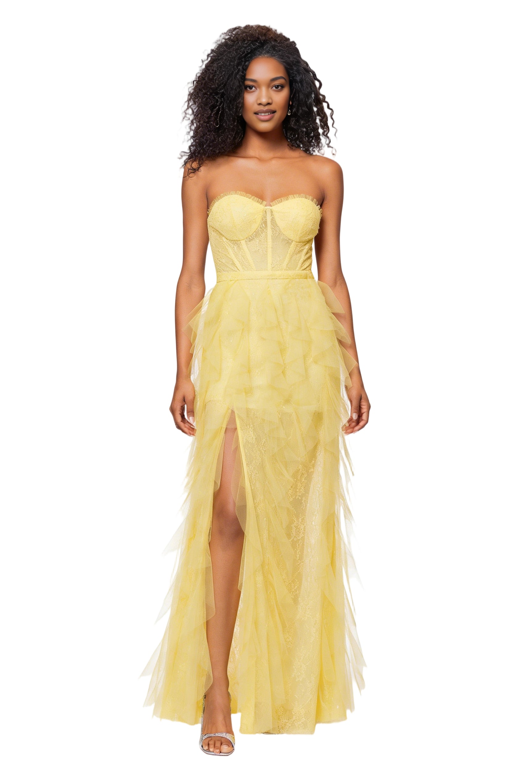 Women's Strapless Corset Bodice Gown with Layered Tulle Skirt and High Slit Evening Gown