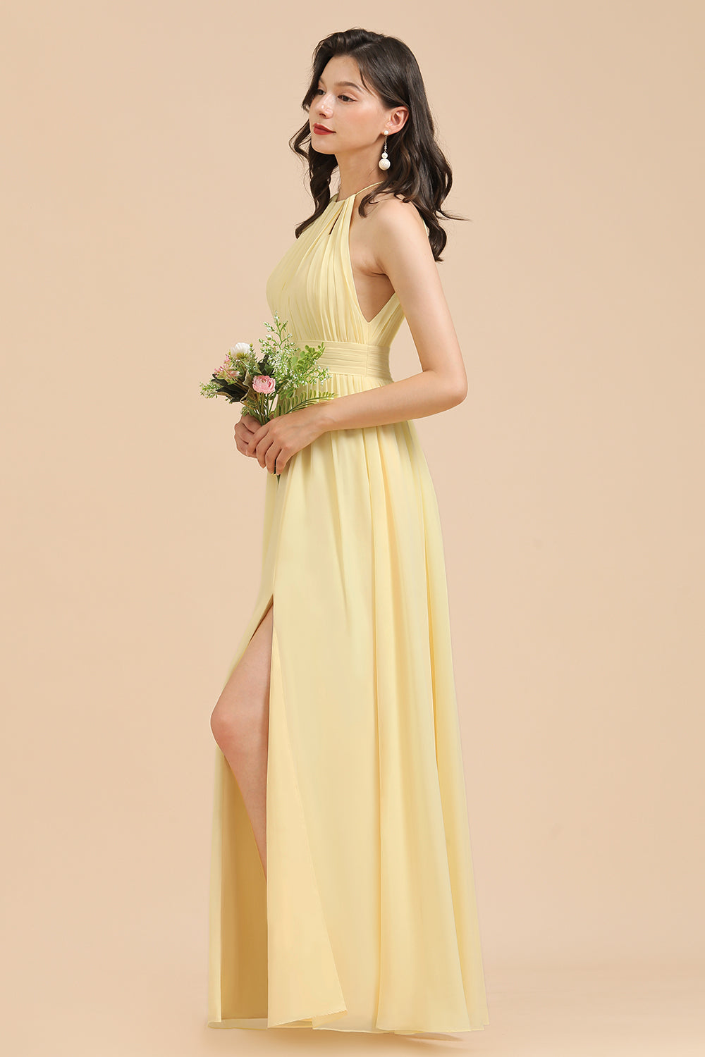 Simple Long Halter Neck A Line Sleeveless Chiffon With Ruched Bridesmaid Dress with Slit