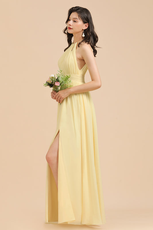 Simple Long Halter Neck A Line Sleeveless Chiffon With Ruched Bridesmaid Dress with Slit