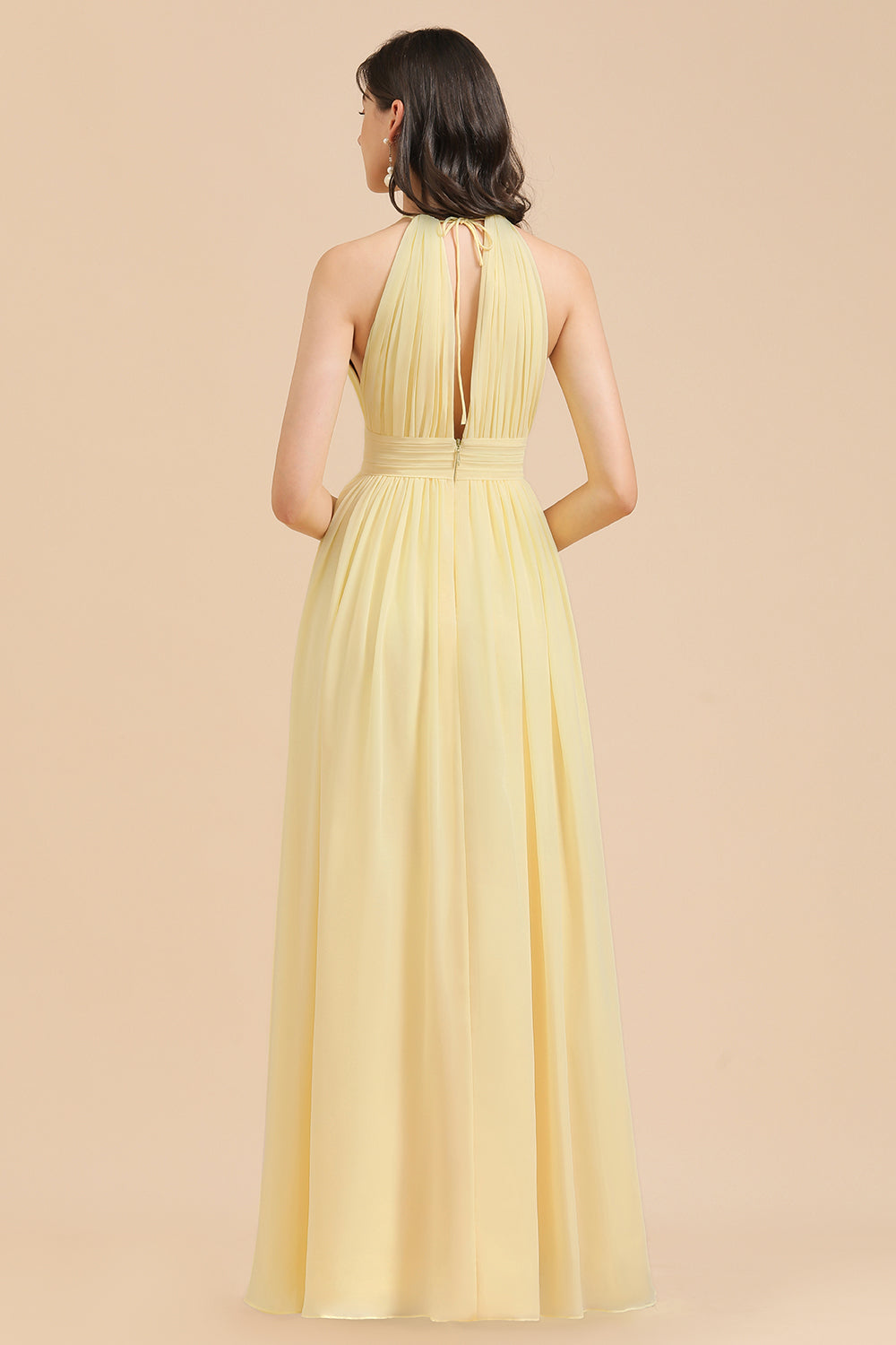 Simple Long Halter Neck A Line Sleeveless Chiffon With Ruched Bridesmaid Dress with Slit