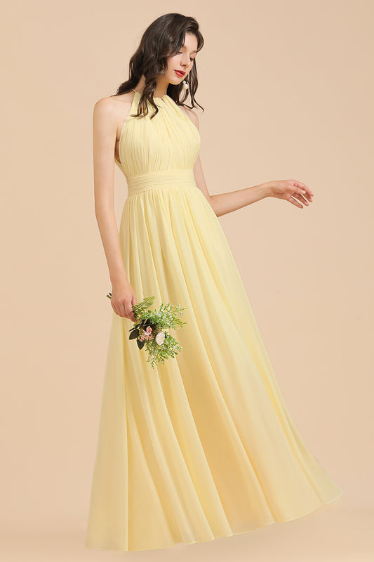Simple Long Halter Neck A Line Sleeveless Chiffon With Ruched Bridesmaid Dress with Slit