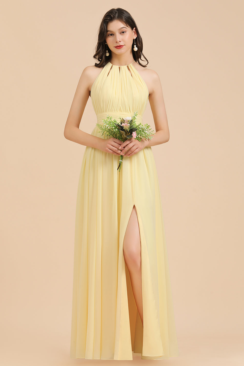 Simple Long Halter Neck A Line Sleeveless Chiffon With Ruched Bridesmaid Dress with Slit