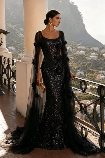 Refined Sheath Scoop Neck Cape Sleeve Open Back Floor Length Evening Dress