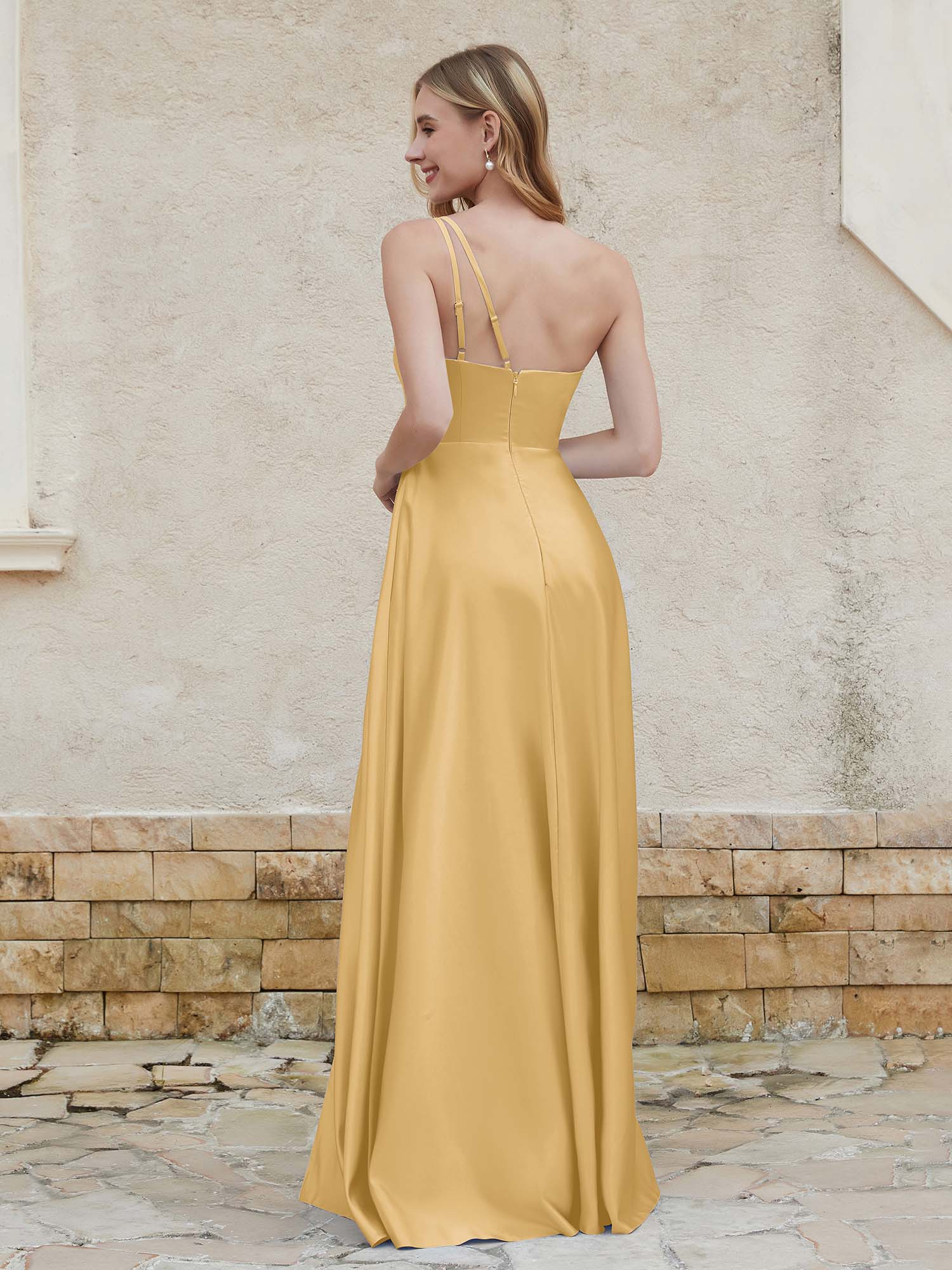 One Shoulder Double Strap High Slit Pocket Satin A-Line Floor Length Bridesmaid Evening Maxi Dress