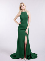 Satin Off-the-Shoulder Formal Gown High Slit Mermaid Maxi Dress with Sweep Train for Wedding Prom Evening Events